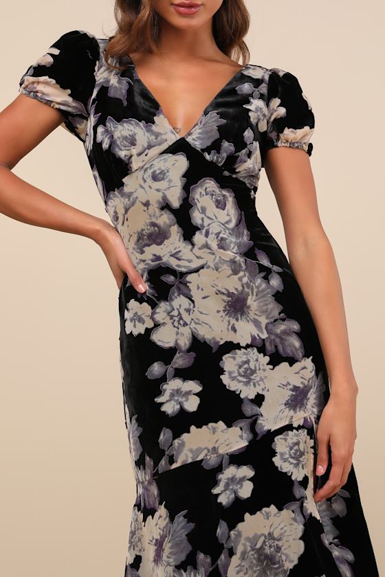 Lulus Real Lovely Black Floral Burnout Velvet Midi Dress In Black