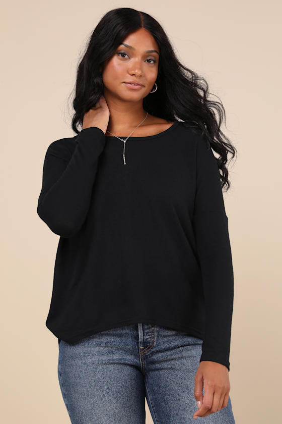 Cute Black Sweater Knit Sweater Long Sleeve Top Zip Back Lulus