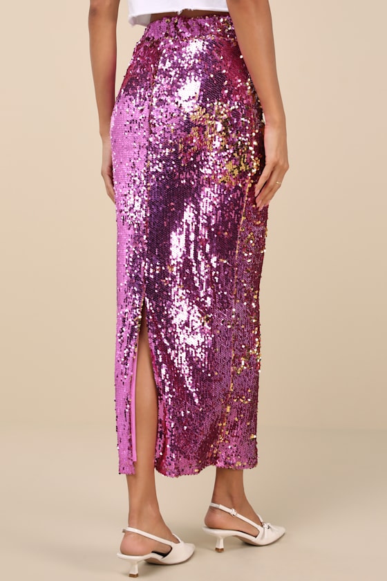 Lulus Dazzling Appearance Pink Sequin High Rise Midi Skirt In Pink