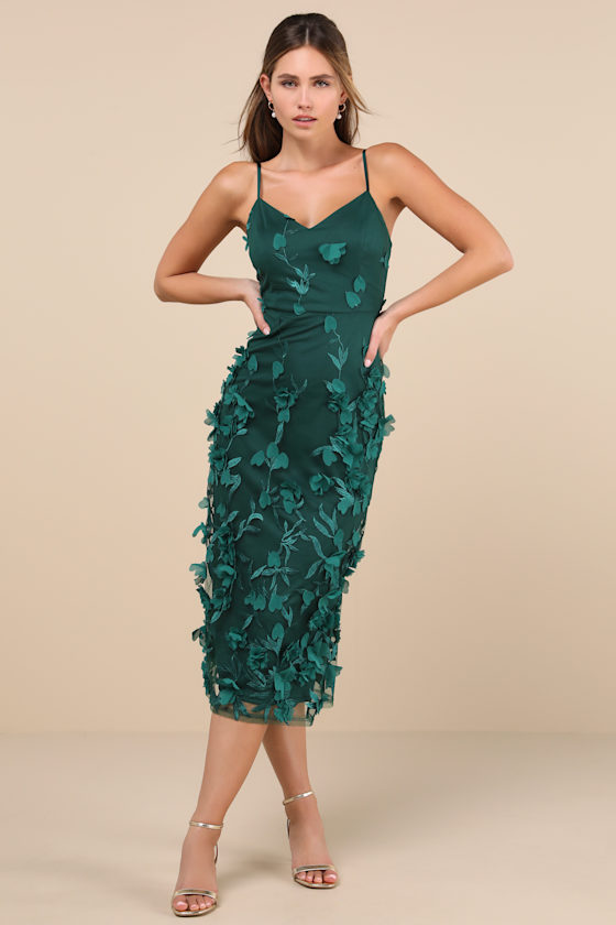 Emerald Dress - 3D Floral Midi Dress - Cute Embroidered