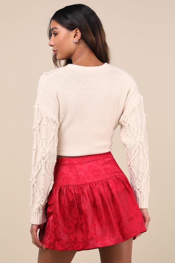 Red Floral Jacquard Skirt - Red Mini Skirt - Drop Waist