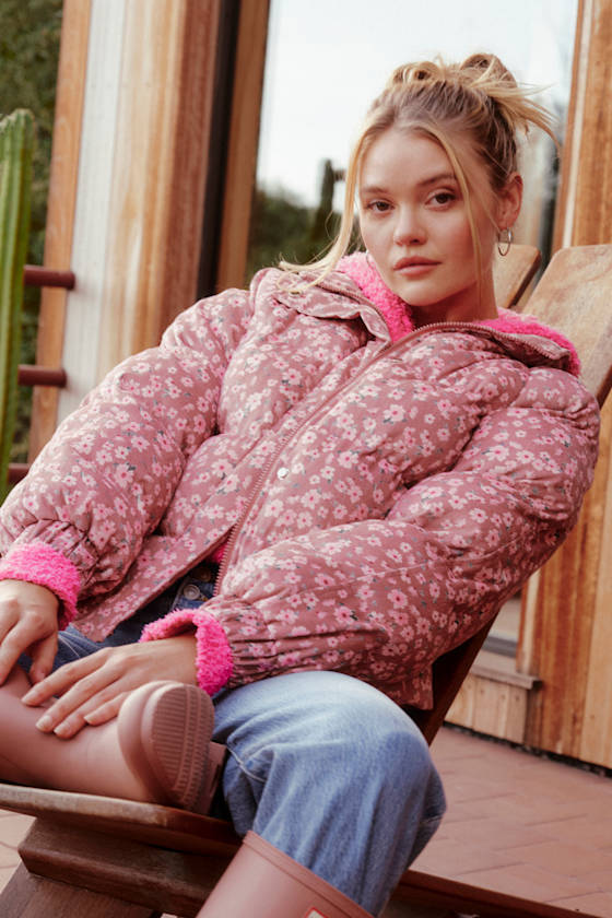 Lulus Calli Pink Floral Corduroy Puffer Jacket In Pink