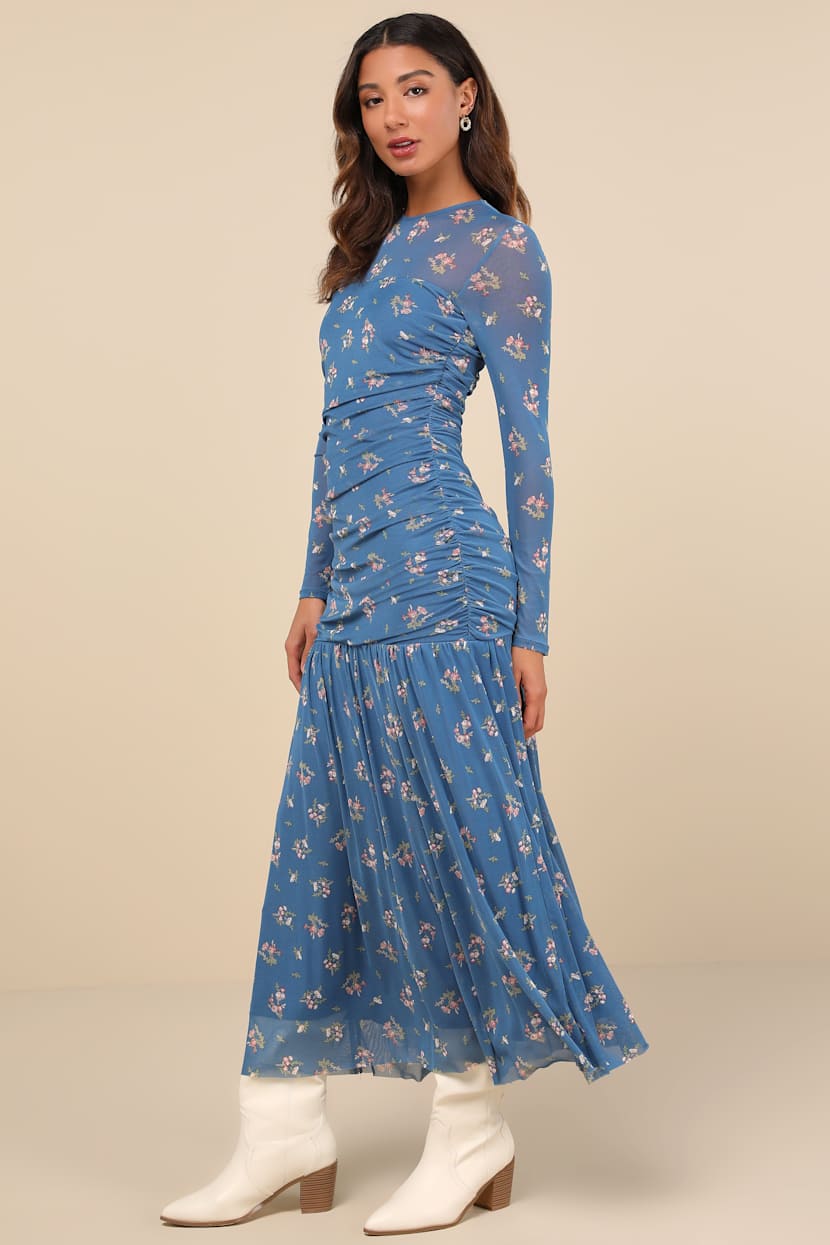 Blue Floral Drop Waist Dress - Mesh Dress - Ruched Maxi Dress - Lulus