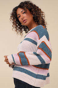 Coziest Cuddles Ivory Multi Striped Chenille Sweater 1