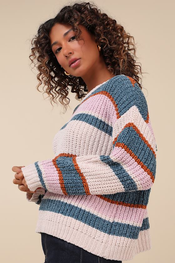 Coziest Cuddles Ivory Multi Striped Chenille Sweater 1