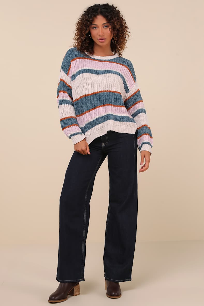 Coziest Cuddles Ivory Multi Striped Chenille Sweater