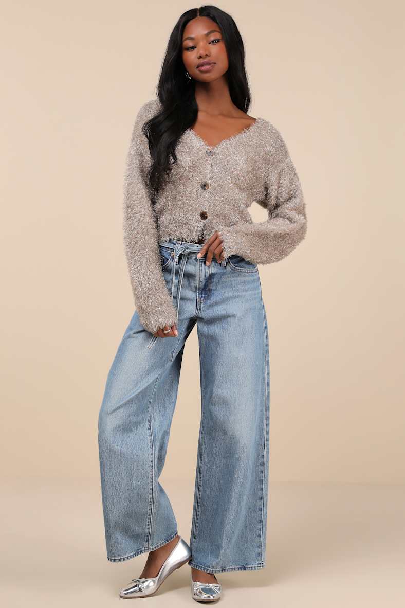Snuggly Sparkle Taupe and Silver Eyelash Knit Cardigan