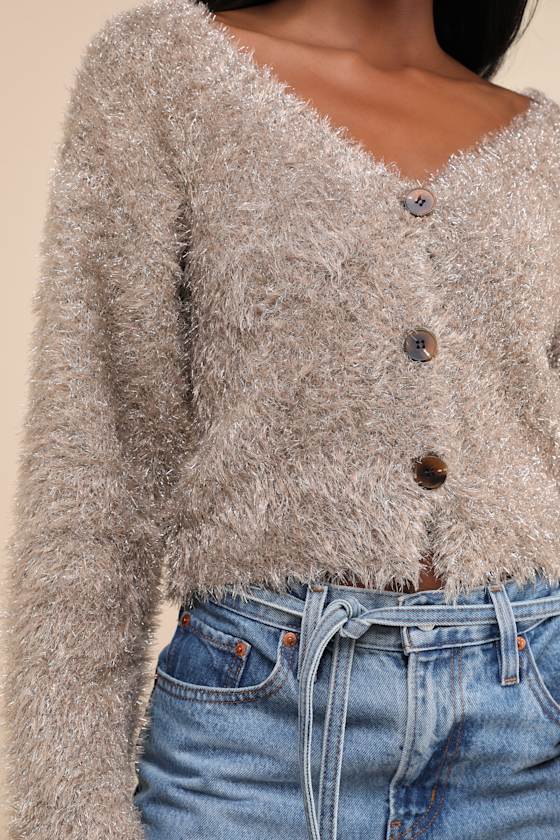 Lulus Snuggly Sparkle Taupe And Silver Eyelash Knit Cardigan In Taupe