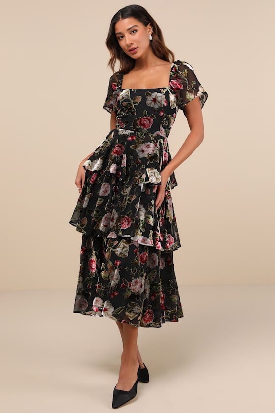 Lulus Darling Endeavor Black Velvet Burnout Tiered Midi Dress In Black