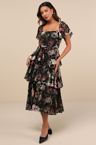 Darling Endeavor Black Velvet Burnout Tiered Midi Dress 4