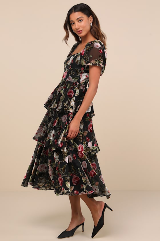 Lulus Darling Endeavor Black Velvet Burnout Tiered Midi Dress In Black