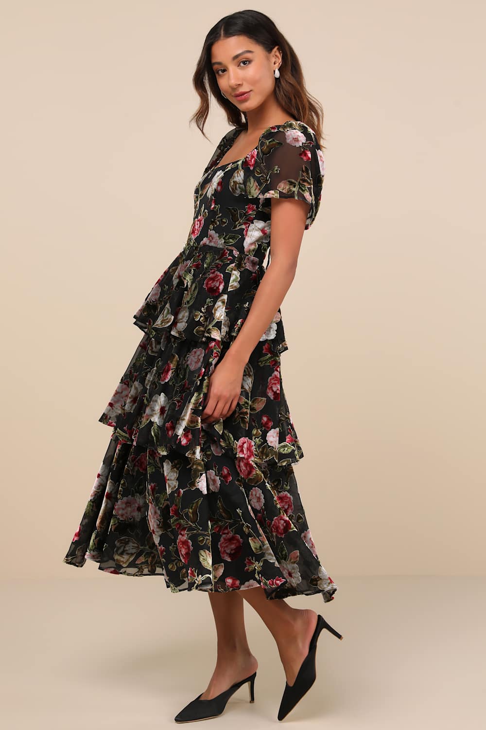 Darling Endeavor Black Velvet Burnout Tiered Midi Dress