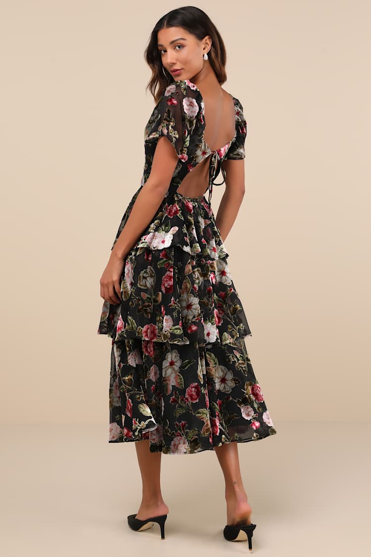 Darling Endeavor Black Velvet Burnout Tiered Midi Dress