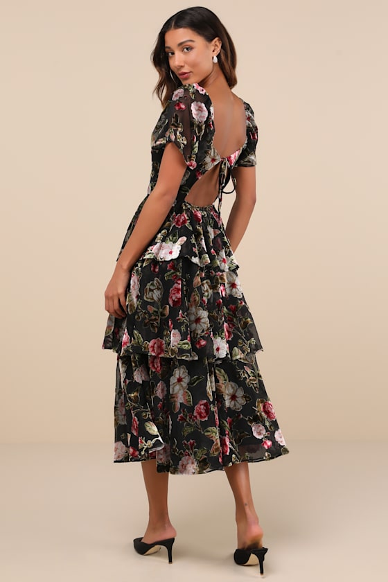 Darling Endeavor Black Velvet Burnout Tiered Midi Dress 5