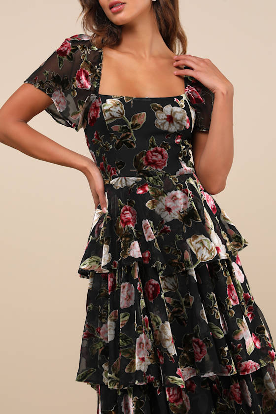 Lulus Darling Endeavor Black Velvet Burnout Tiered Midi Dress In Black
