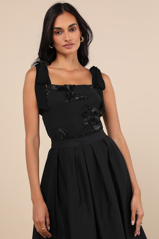 Lulus Memorably Charming Black Tie-strap Bodysuit In Black