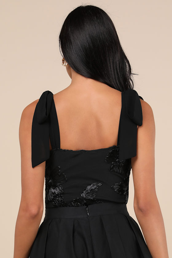 Lulus Memorably Charming Black Tie-strap Bodysuit In Black