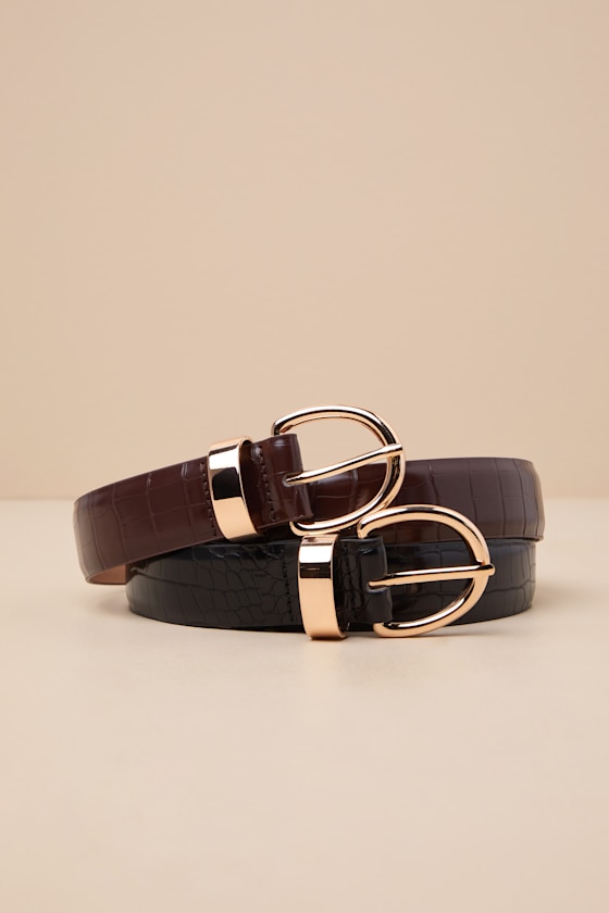 LULUS MODERN DETAILS BLACK AND BROWN CROC-EMBOSSED TWO-PIECE BELT SET