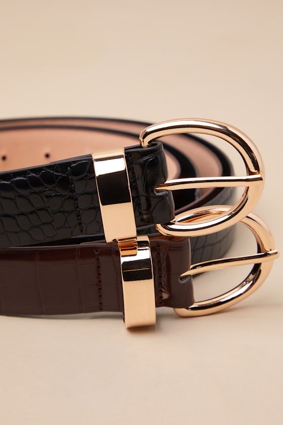 LULUS MODERN DETAILS BLACK AND BROWN CROC-EMBOSSED TWO-PIECE BELT SET