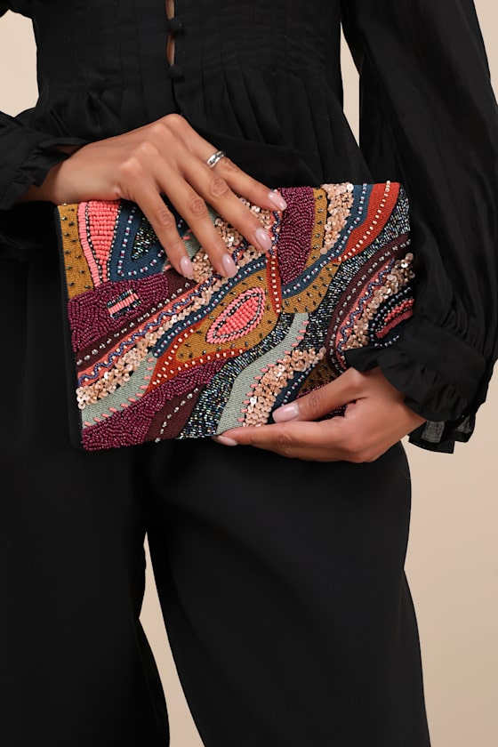 Sachi Black Multi Beaded Embroidered Abstract Clutch 7
