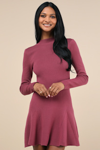Adorable Intentions Mauve Mock Neck A-Line Mini Sweater Dress 1