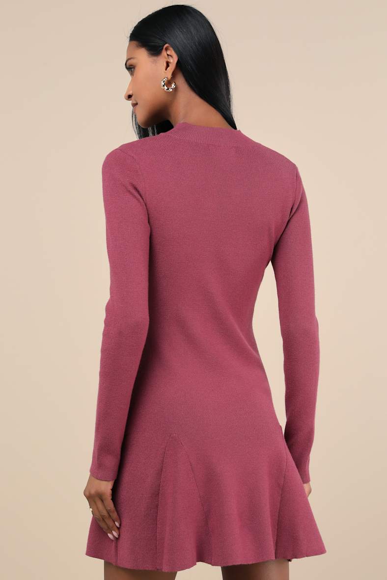 Adorable Intentions Mauve Mock Neck A-Line Mini Sweater Dress