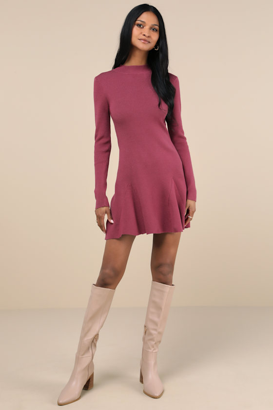Lulus Adorable Intentions Mauve Mock Neck A-line Mini Sweater Dress In Mauve