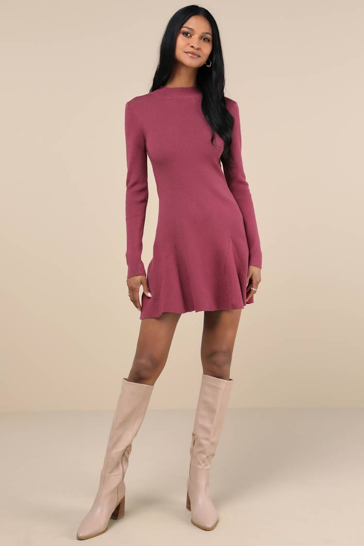 Adorable Intentions Mauve Mock Neck A-Line Mini Sweater Dress
