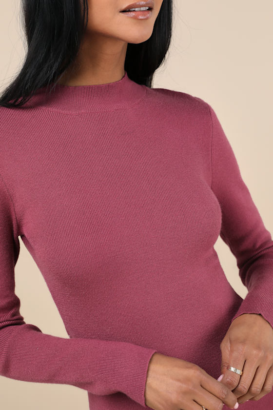 Lulus Adorable Intentions Mauve Mock Neck A-line Mini Sweater Dress In Mauve