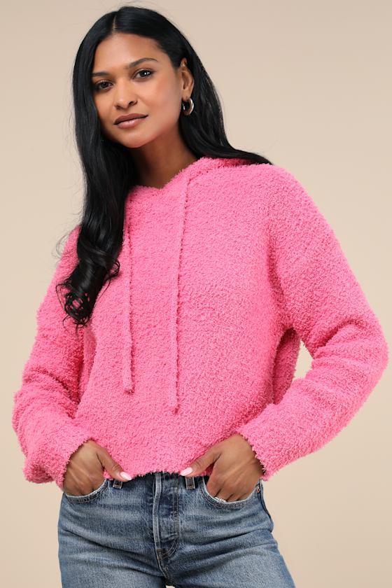 Lulus Cuddly Perfection Hot Pink Fuzzy Pullover Hoodie In Hot Pink
