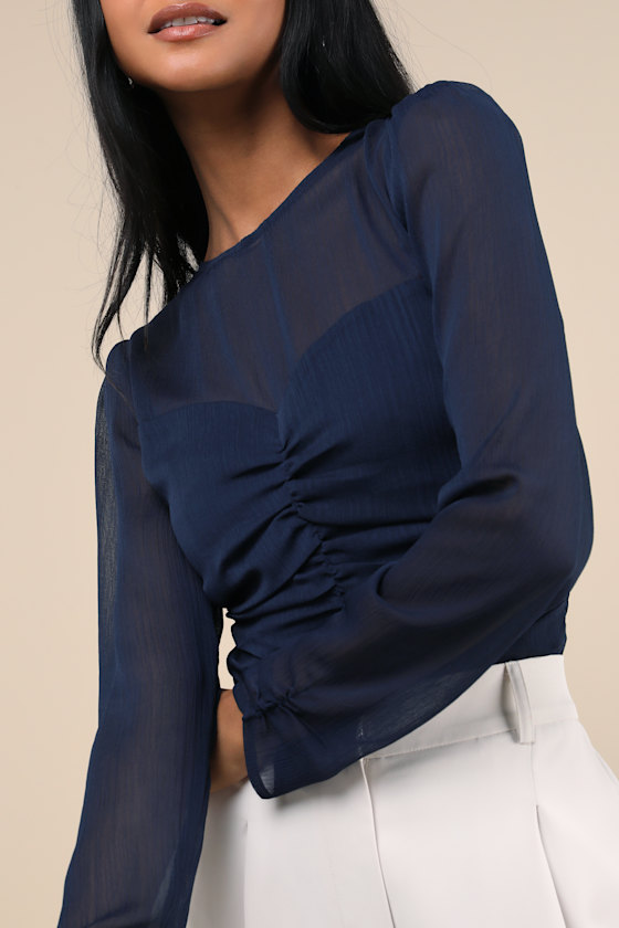 Lulus Majorly Composed Navy Blue Long Sleeve Top In Navy Blue