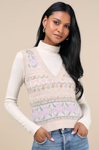 Posh Warmth Beige Floral Sweater Vest 2