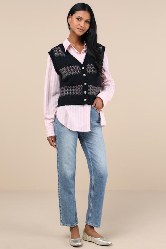 Black Floral Vest - Boxy Knit Vest - Button-Up Sweater Vest Black Floral Vest - Boxy Knit Vest - Button-Up Sweater Vest