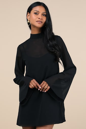 Perfected Charm Black Bell Sleeve Mini Shift Dress 1