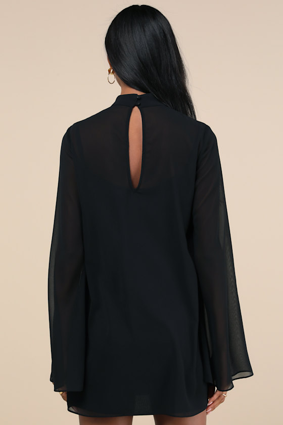 Lulus Perfected Charm Black Bell Sleeve Mini Shift Dress In Black