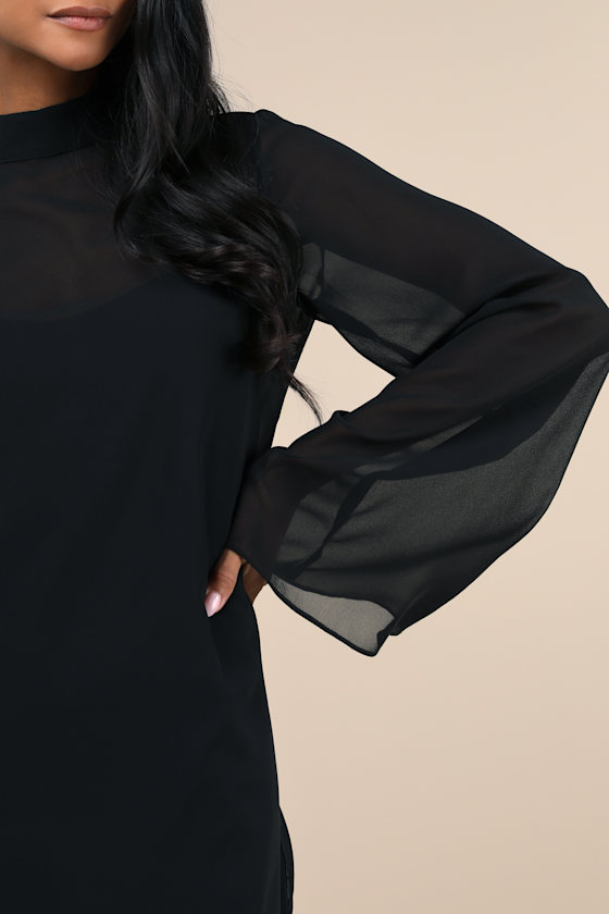 Lulus Perfected Charm Black Bell Sleeve Mini Shift Dress In Black