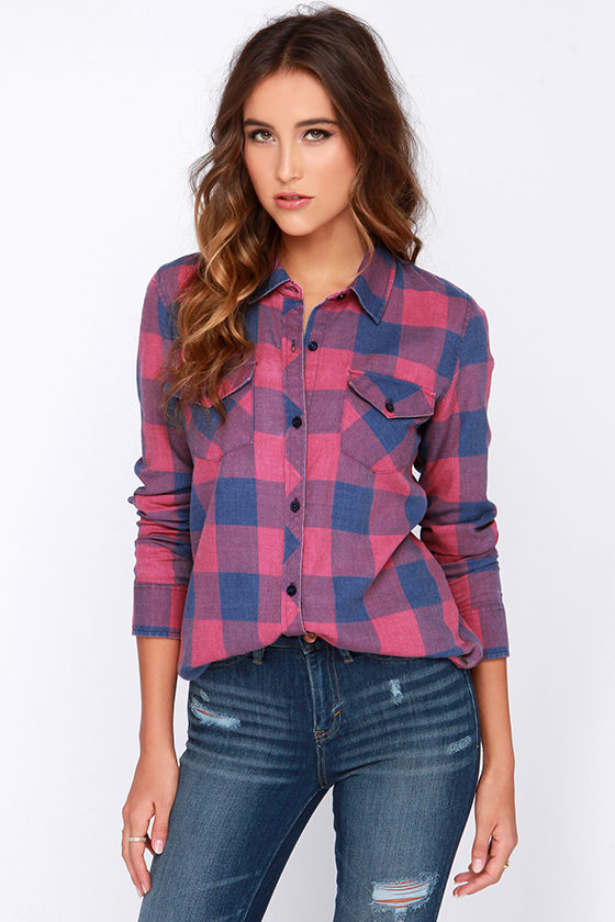 O'Neill Birdie Top - Cute Plaid Top - Long Sleeve Top - Button-Up Top ...
