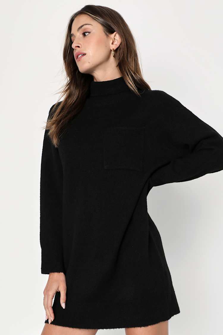 Positively Charming Black Turtleneck Mini Sweater Dress