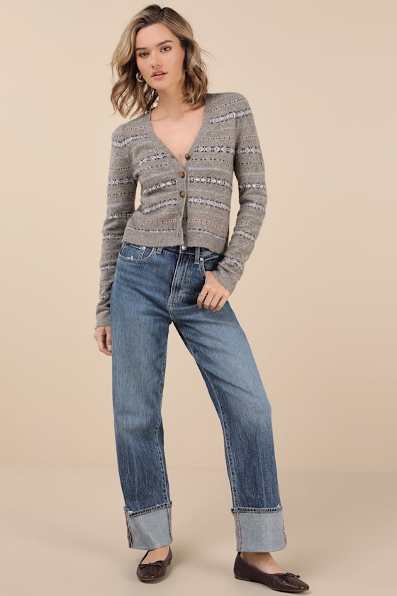 Lulus Toasty Instinct Grey Fair Isle Cardigan In Grey