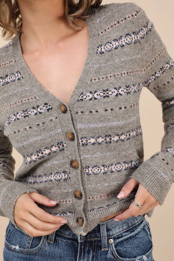 Lulus Toasty Instinct Grey Fair Isle Cardigan In Grey