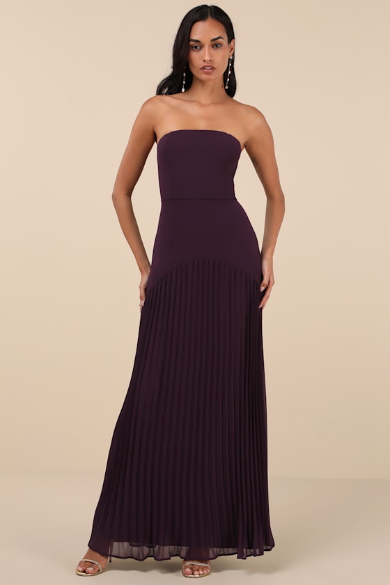 Celebratory Aesthetic Dark Purple Pleated Strapless Maxi Dress 1