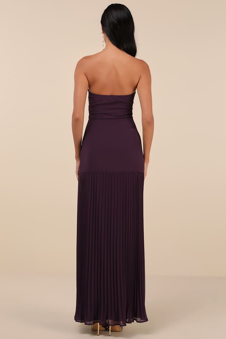 Celebratory Aesthetic Dark Purple Pleated Strapless Maxi Dress