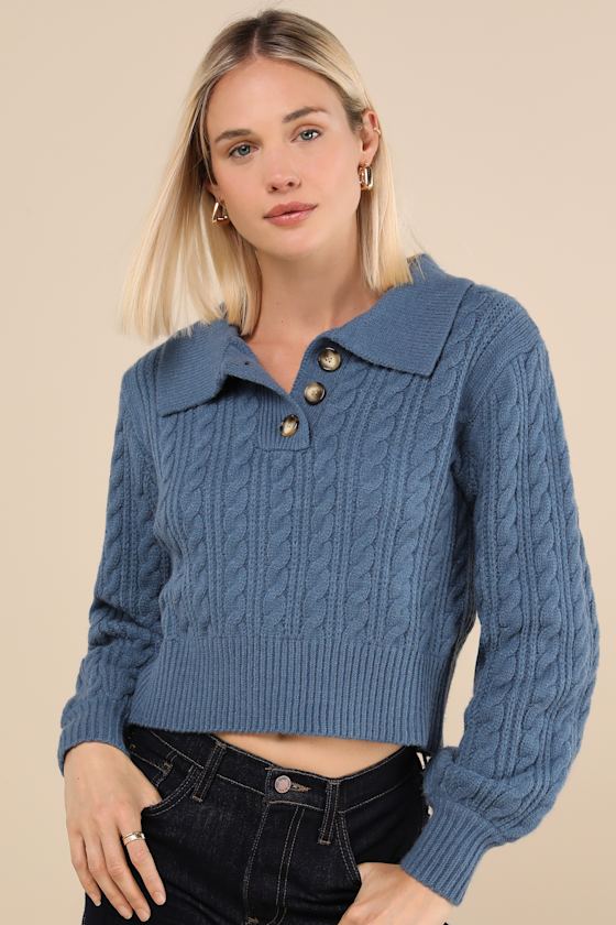 Lulus Cozy Agenda Dark Blue Collared Cable Knit Sweater In Dark Blue