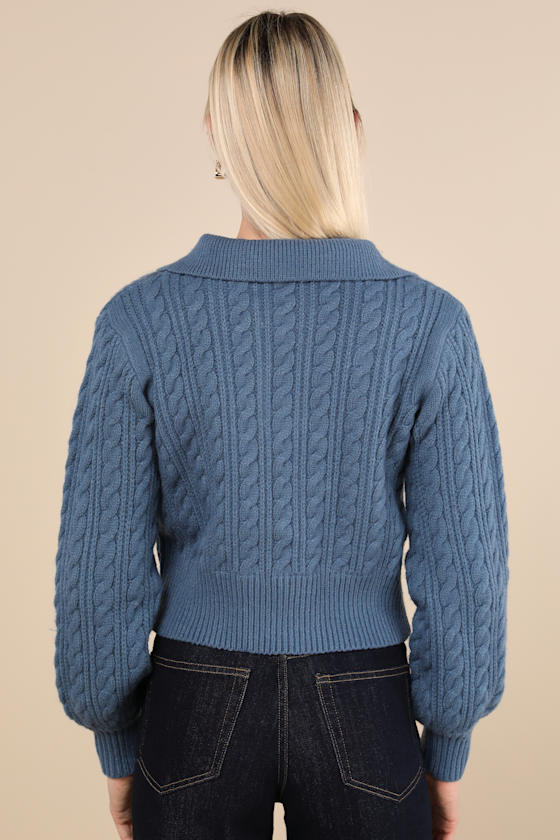 Lulus Cozy Agenda Dark Blue Collared Cable Knit Sweater In Dark Blue
