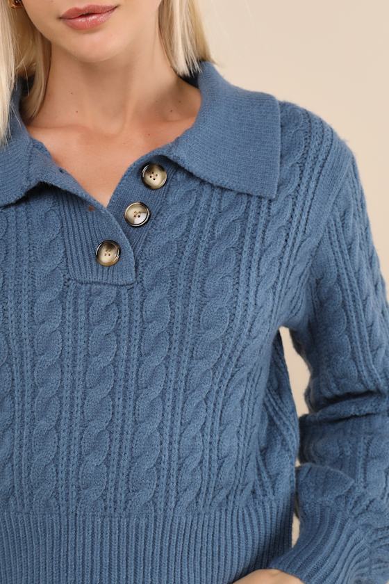 Lulus Cozy Agenda Dark Blue Collared Cable Knit Sweater In Dark Blue