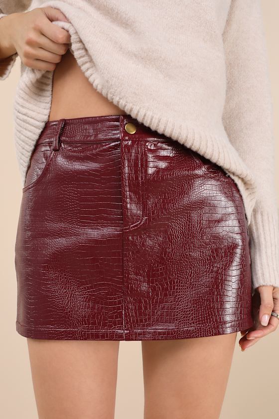 Lulus Excellent Mood Burgundy Croc-embossed Vegan Leather Mini Skirt In Burgundy