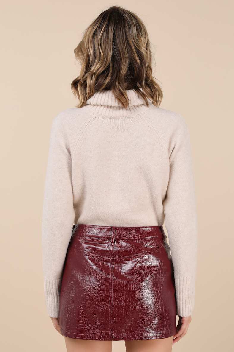 Excellent Mood Burgundy Croc-Embossed Vegan Leather Mini Skirt
