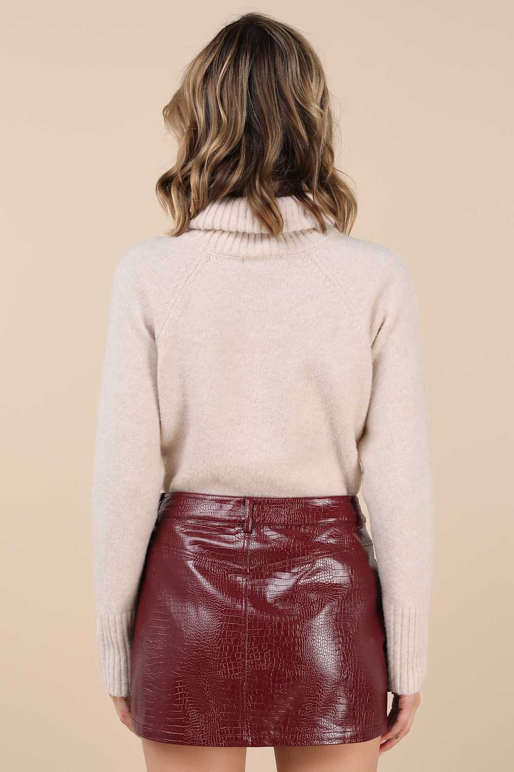Excellent Mood Burgundy Croc-Embossed Vegan Leather Mini Skirt
