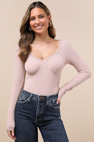 Effortless Pick Blush Pink Lace Waffle Knit Long Sleeve Top 2