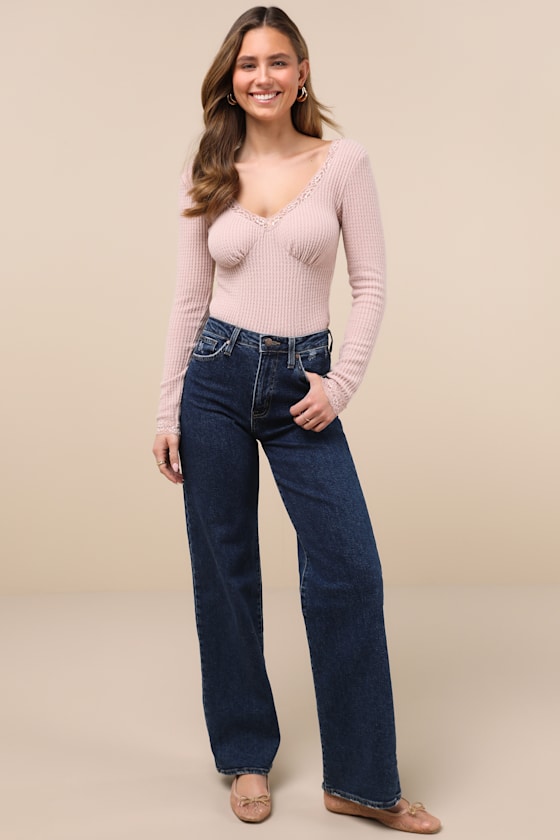 Lulus Effortless Pick Blush Pink Lace Waffle Knit Long Sleeve Top In Blush Pink
